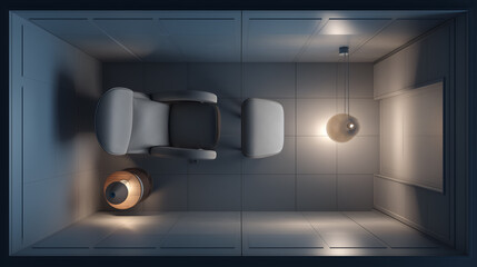 Modern armchair with ottoman and round table in gray-tiled room. Warm glow and clean geometry evoke clarity, comfort, and editorial depth in interior and lifestyle storytelling.