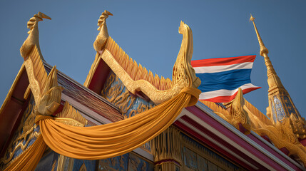 Golden temple details with Thai flag and ceremonial fabric. Mythic finials and vibrant tones evoke clarity, heritage, and editorial depth in cultural and spiritual storytelling.