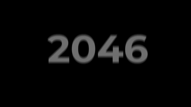 Counting up years from 2026 to 2050 on dark background. Abstract animation background with white numbers on black background. 