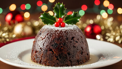 Christmas pudding decorated with icing, holly leaves and red berries on a festive bokeh lights background. Homemade traditional Christmas festive dessert.