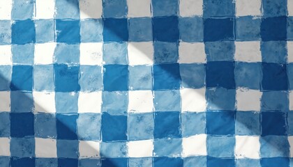 Fototapeta premium Blue, white checkered pattern. Hand painted rustic design uneven squares, watercolor texture. Subtle shadows fall across surface. Creates classic, vintage background for various creative projects,