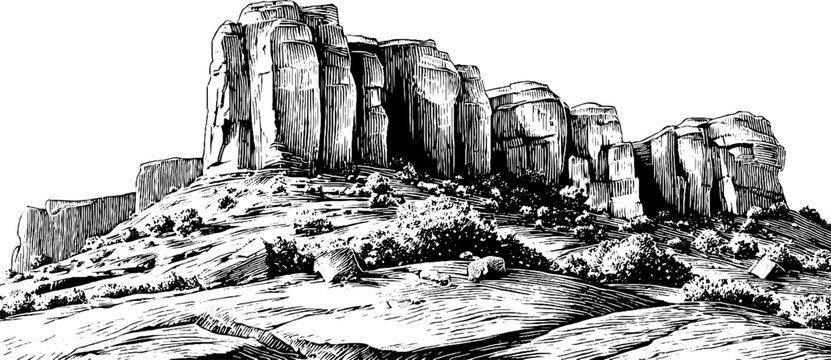 Engraved decorative illustration of cliffside landscape for print or poster design
