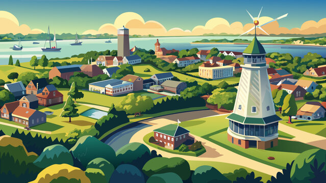 Very beautiful aerial panorama featuring Touro Park with its historic Windmill Tower, overlooking lush greenery and Newport Harbor in the background, capturing the charming city center of Newport, Rho