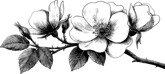 Naklejka premium Delicate wild rose branch engraving for decorative floral design