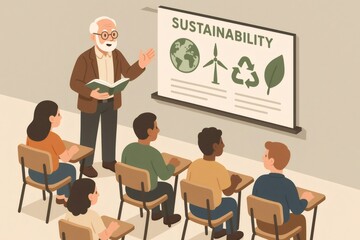 Professor explaining sustainability with a board showing earth, wind turbine, recycle symbol, and leaf icons to students in a classroom