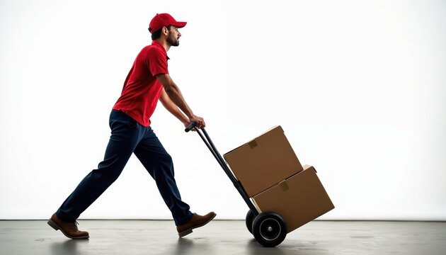 Man in red shirt and cap pushes hand truck with cardboard boxes. Delivery worker transports cargo indoors on white background. Package movement, shipping service, logistics operation.