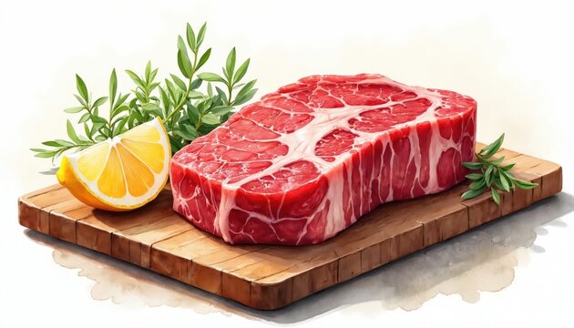 Raw red beef steak rests on wooden board with lemon slice and fresh herb sprigs. Watercolor art shows juicy uncooked meat ready for cooking. Healthy protein for dinner.