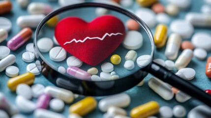 Magnifying glass focusing on red heart with cardiogram symbol surrounded by pills and capsules, symbol of medical research, cardiology, healthcare, treatment, pharmaceutical science diagnosis, therapy