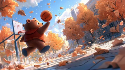 A cartoon bear is playing basketball outdoors on a sunny autumn day, with falling leaves and a basketball court in the background.