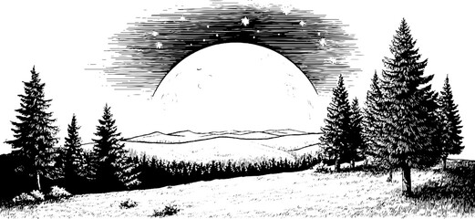 Obraz premium Engraved night landscape with starry sky and pine trees for decorative design