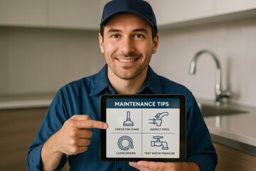 Smiling plumber presenting essential household plumbing maintenance tips on a digital tablet in a modern kitchen setting