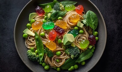 A plate of food that is vibrant and colorful and features cooked pasta accompanied by colorful jelly candies, and fresh green vegetables like broccoli florets, peas, spinach leaves, and sliced avocado