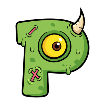 Cartoon Zombie Letter P with Horn and Stitched Wound