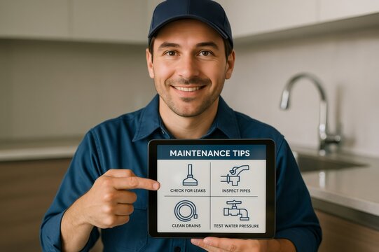 Smiling plumber presenting essential household plumbing maintenance tips on a digital tablet in a modern kitchen setting