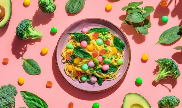 Vibrant colorful plate of food, featuring cooked pasta mixed with colorful jelly candies, surrounded by fresh green healthy ingredients like broccoli florets, peas, spinach leaves, and sliced avocado 