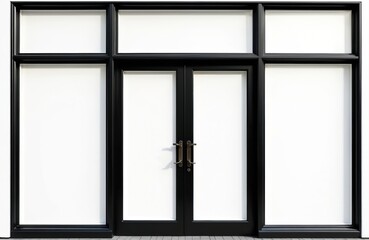 Black elegant storefront door illustration on white background. Double glass doors with handles provide view through white windows. Modern design for shop entrance. Interior architecture detail