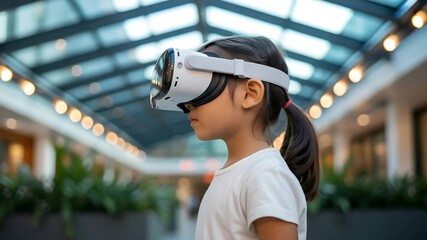 Side view of a young girl wearing a white virtual reality headset in a modern, brightly lit indoor space with a glass ceiling and bokeh lights - Powered by Adobe