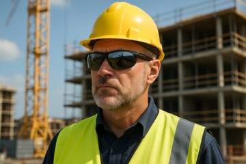 Senior man wearing hard hat and safety vest at a building site, showing dedication and careful oversight