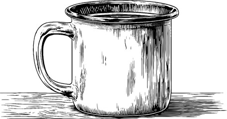 Hand-drawn engraving of a rustic clay mug - decorative vintage design for print or card