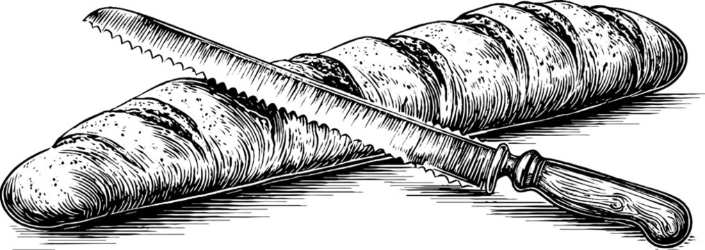 Rustic bread and knife engraving for culinary design and decoration
