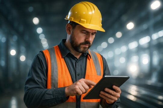 Construction foreman wearing safety vest and hard hat, working on a tablet device, managing operations in a modern industrial setting