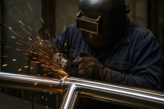 Metalworker performing industrial grinding on a shiny metal surface, sparks flying, wearing protective mask and gloves - Powered by Adobe
