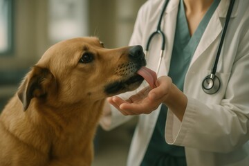 Golden retriever dog showing affection, licking veterinarian hand during a routine vet visit, promoting animal care and trust