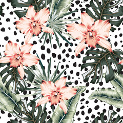 Fototapeta premium Tropical orchid flowers, palm leaves, cheetah animal print background. Vector seamless pattern. Jungle foliage illustration. Exotic plants. Summer beach floral design. Paradise nature