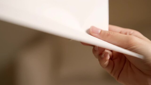 Close-up shows a hand gripping the edge of a white paper sheet, buckling inward. Soft light and shallow depth create a warm background