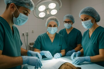Surgical team members, wearing scrubs and masks, performing a medical procedure on an animal patient in an operating room