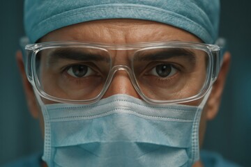 Close up of a surgeon or doctor wearing blue surgical cap, safety goggles, and face mask, looking at camera