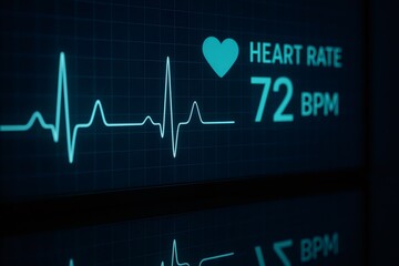 Digital heart monitor screen showing an electrocardiogram waveform, heart icon, and pulse rate of 72 BPM, representing medical technology