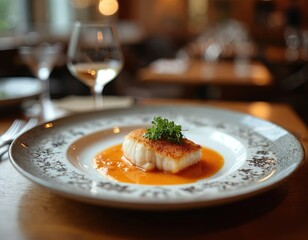 Gourmet pan seared fish fillet served with rich orange sauce on artistic plate. Upscale restaurant meal with wine glasses in background. Fine dining experience plated beautifully.