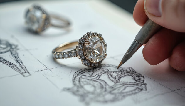 Jeweler sketches new ring design, with diamond and gold rings nearby. Close up on hand drawing sketch, showing creation process. Bespoke jewelry.