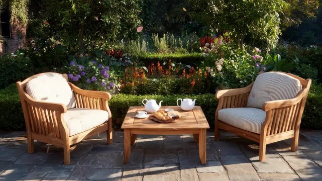 Elegant teak patio furniture set showcasing natural wood tones and classic craftsmanship ideal for serene garden relaxation and alfresco meals.