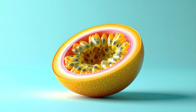 Vibrant Half Passion Fruit on a Bright Blue Background.