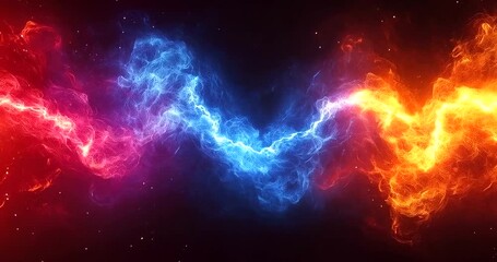 Vibrant abstract energy flow with contrasting red, orange, blue, and purple plasma streams against a dark cosmic background 4k video - Powered by Adobe