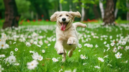 Playful Golden Retriever Puppy Running in Flowered Park Scene