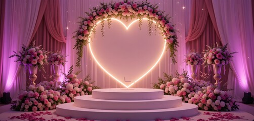 Romantic Podium with Glowing Heart Outlines and Floral Arrangements