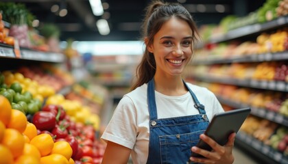 Smiling woman in grocery store holds tablet near produce shelves. She wears apron checking inventory on device. Modern shopping experience with tech.