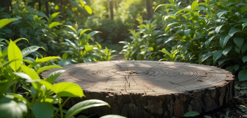 Rustic Wooden Slab in Garden Setting with Sunlit Greenery