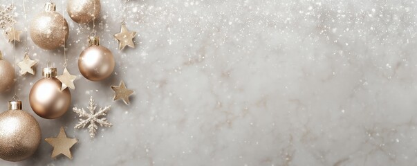 Obraz premium a panoramic view of christmas decorations, including golden baubles and twinkling stars, arranged in an elegant pattern on the right side against a soft gray background Generative AI