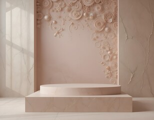 Sleek Rectangular Podium in Matte Beige with Rose Gold Backdrop