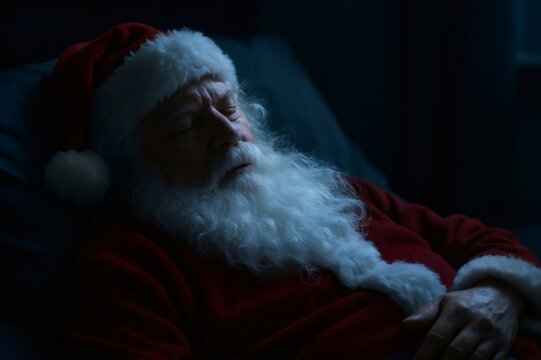 Santa Claus sleeping peacefully in the dark, resting his eyes after a busy Christmas night. Fatigue and tradition