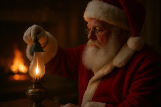 Santa Claus in a cozy room with a fireplace, extinguishing the flame of an old oil lamp, concluding Christmas Eve