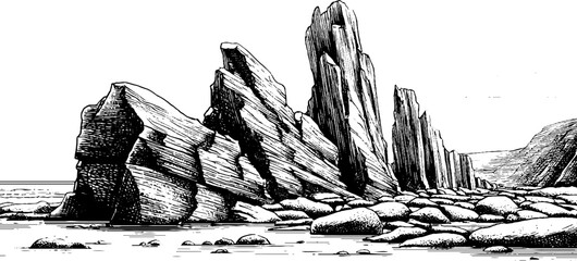 Coastal slate formations: engraved jagged rock design for nature prints