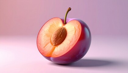 Vibrant Half Plum with Pit on a Soft Pink Background.