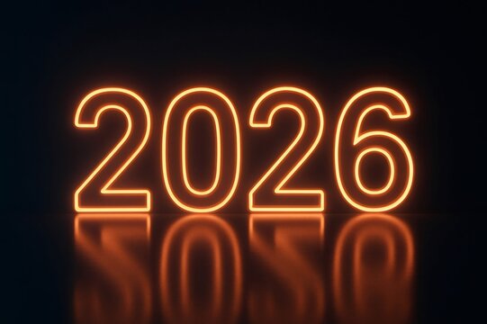 Year 2026 displaying as glowing orange neon numerals with reflection, symbolizing new beginnings and future plans