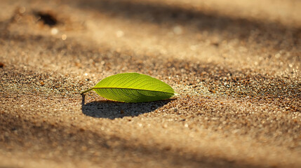 A single green leaf lying on a surface covered with small brown pebbles in soft diffused lighting