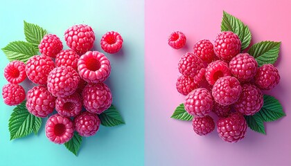 Two vibrant piles of fresh raspberries with green leaves on a split color background.